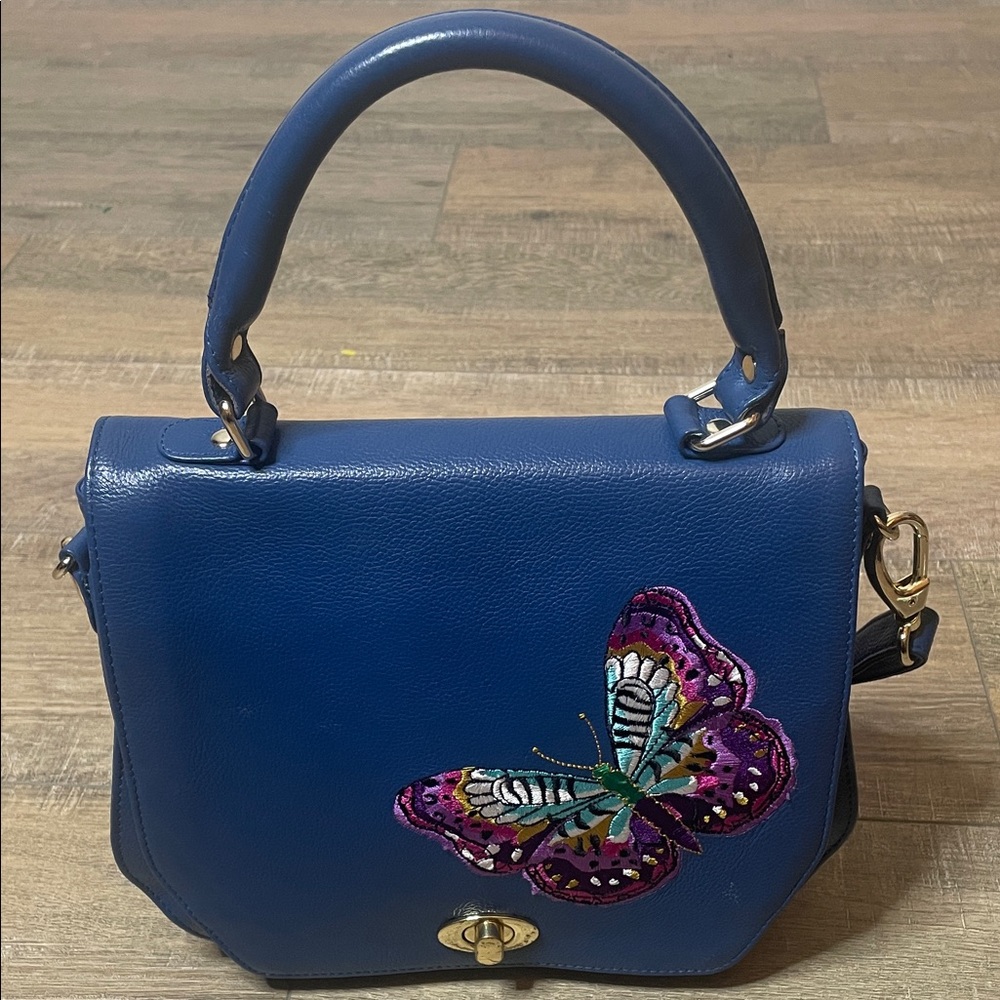 Anuschka Leather Blue Handbag with Butterfly Design